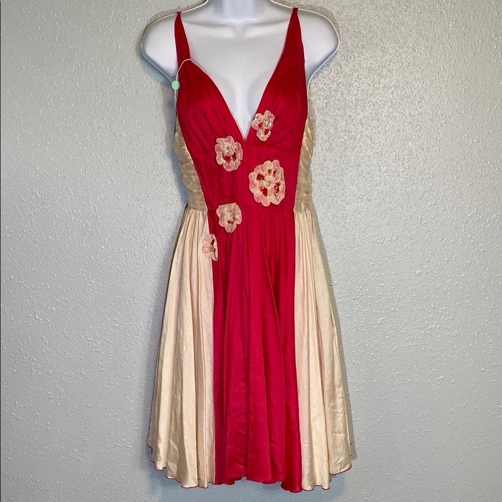 🆕 Elisabetta Franchi Celyn B Red Cream Floral Pleated Mini Dress Size 42 (US 6)